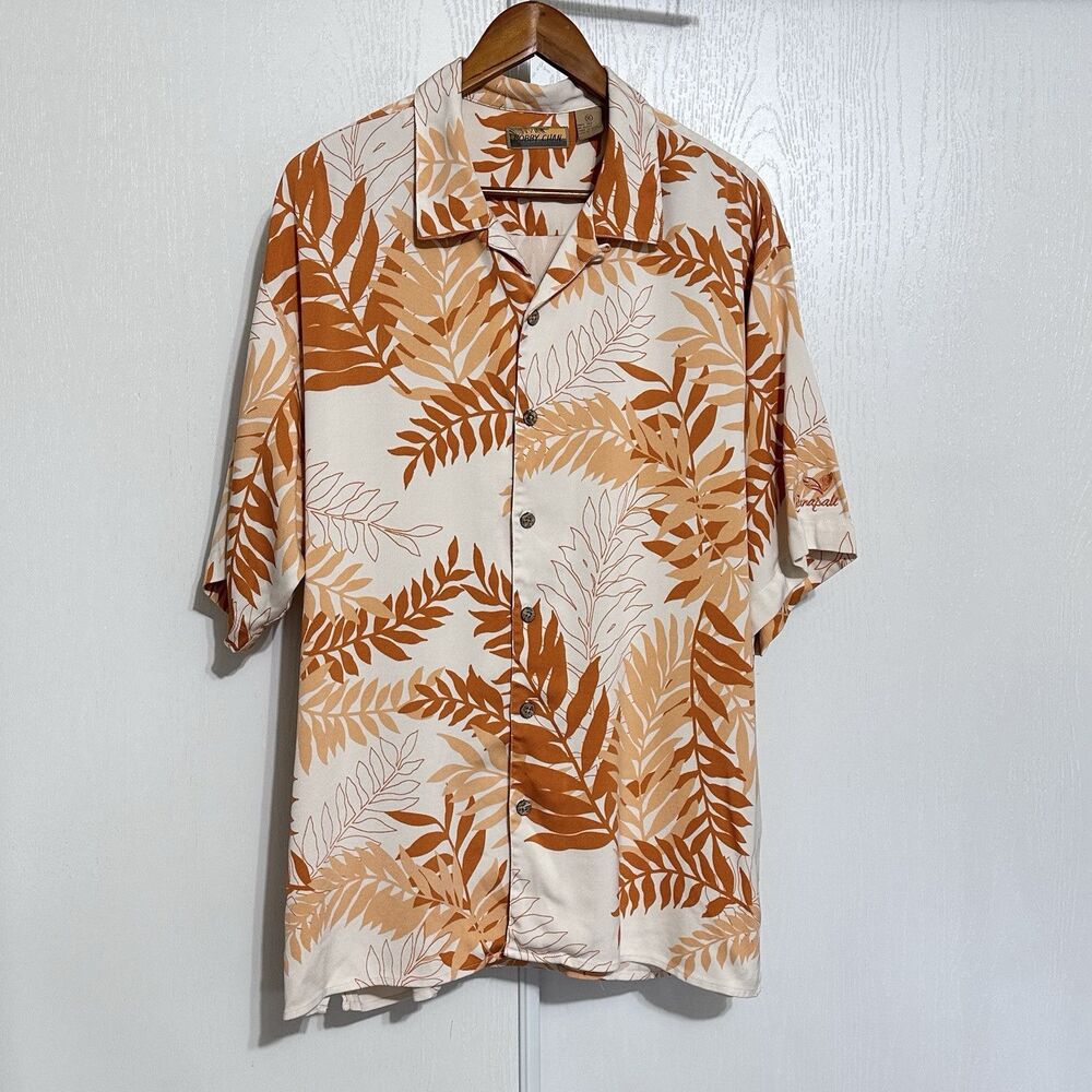 Bobby Chan Men's 100% Silk Hawaiian Shirt Floral Sz XL Orange Cream Wood Buttons